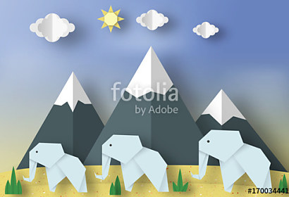 fototapeta origami wall, slony, hory, slnko, mountains
