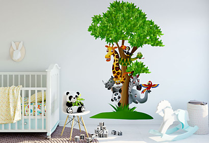 tapeta do detskej izby so zvieratkami - panda, žirafa, nosorožec, tukan, had,